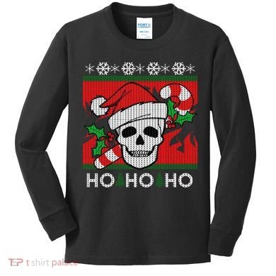 Santa Skull Candy Cane Ugly Christmas Sweater Kids Long Sleeve Shirt