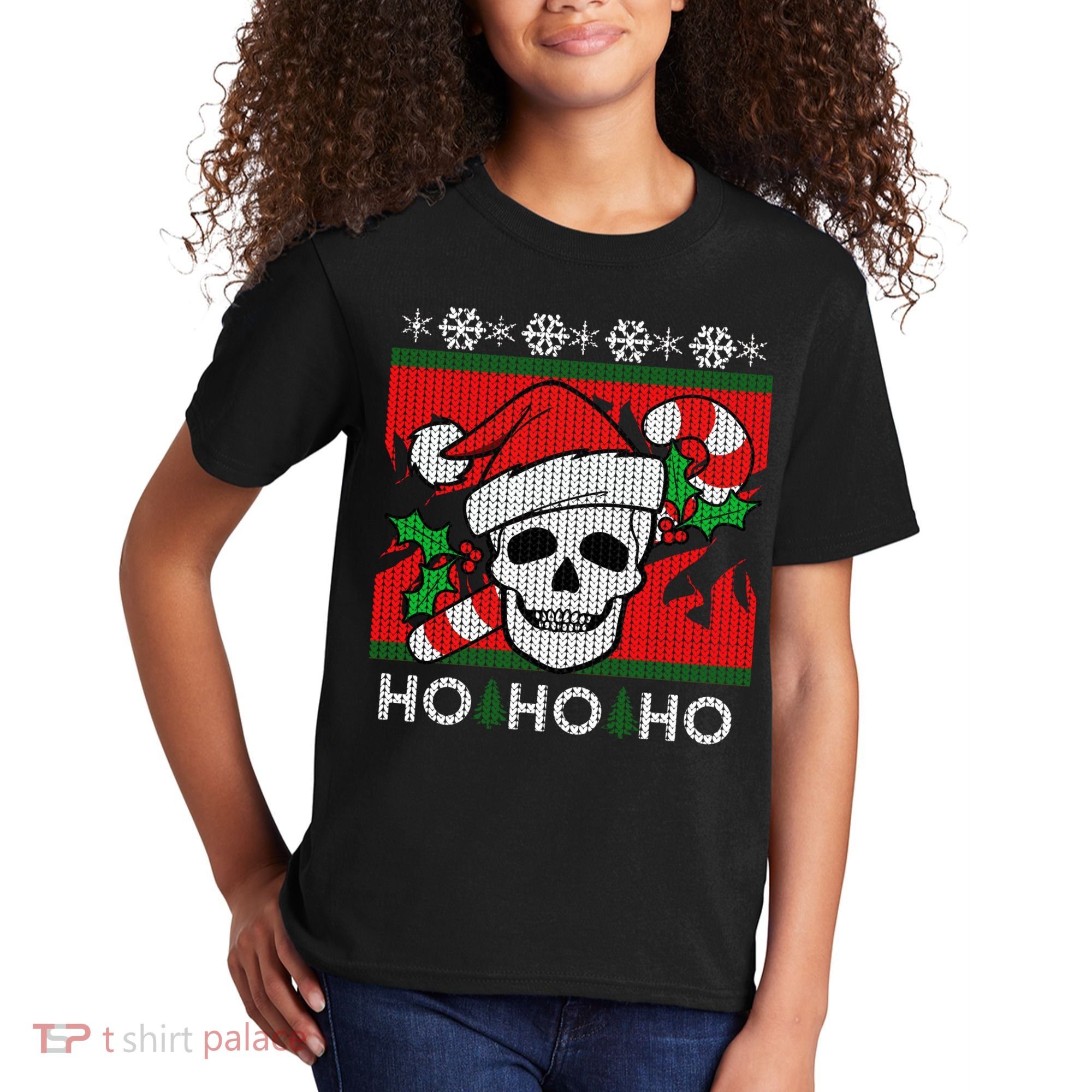 Santa Skull Candy Cane Ugly Christmas Sweater Kids T-Shirt