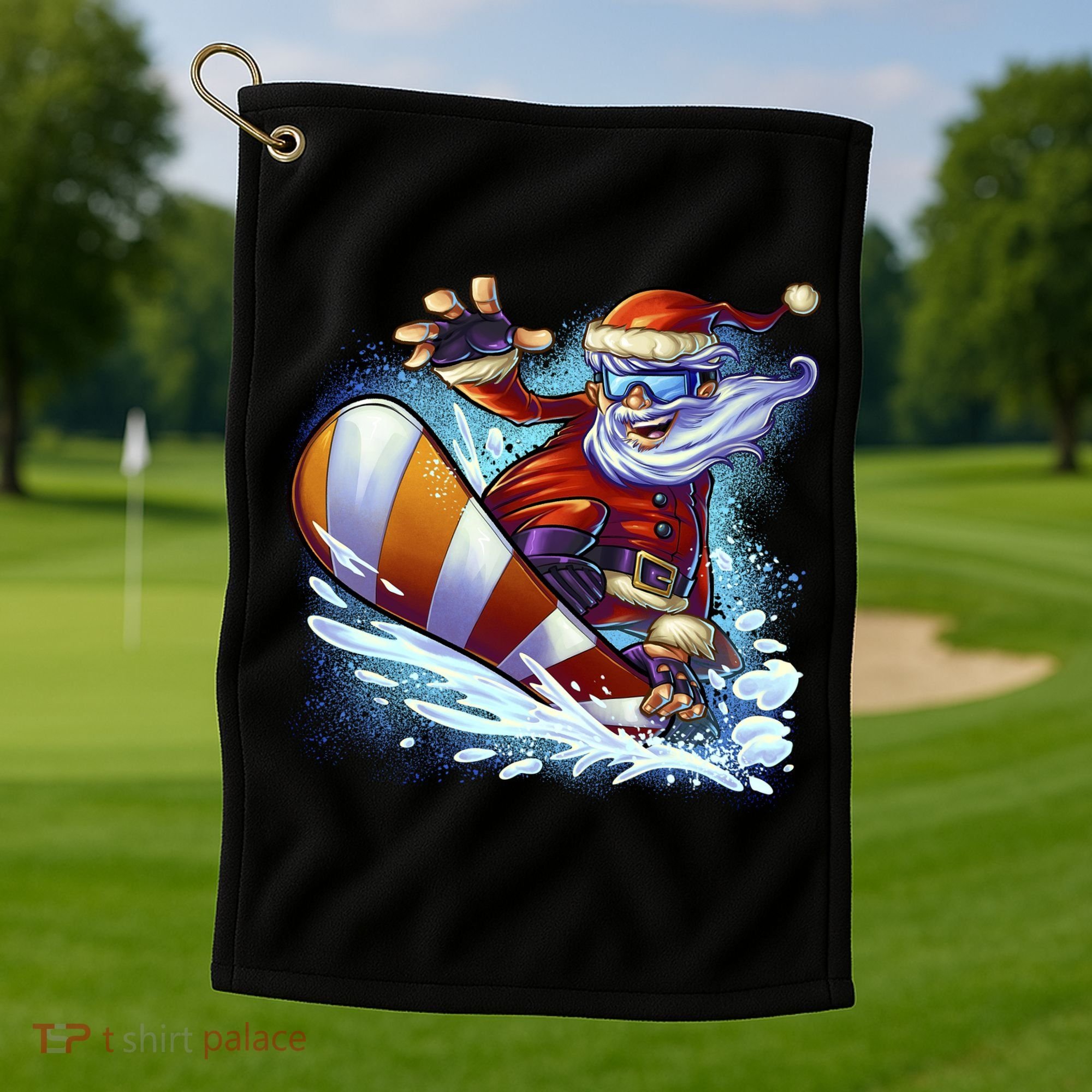 Santa Snowboard Golf Towel