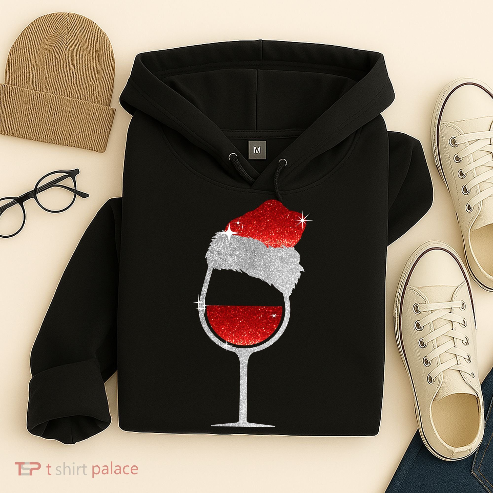 Santa Sparkly Wine Glass Hoodie
