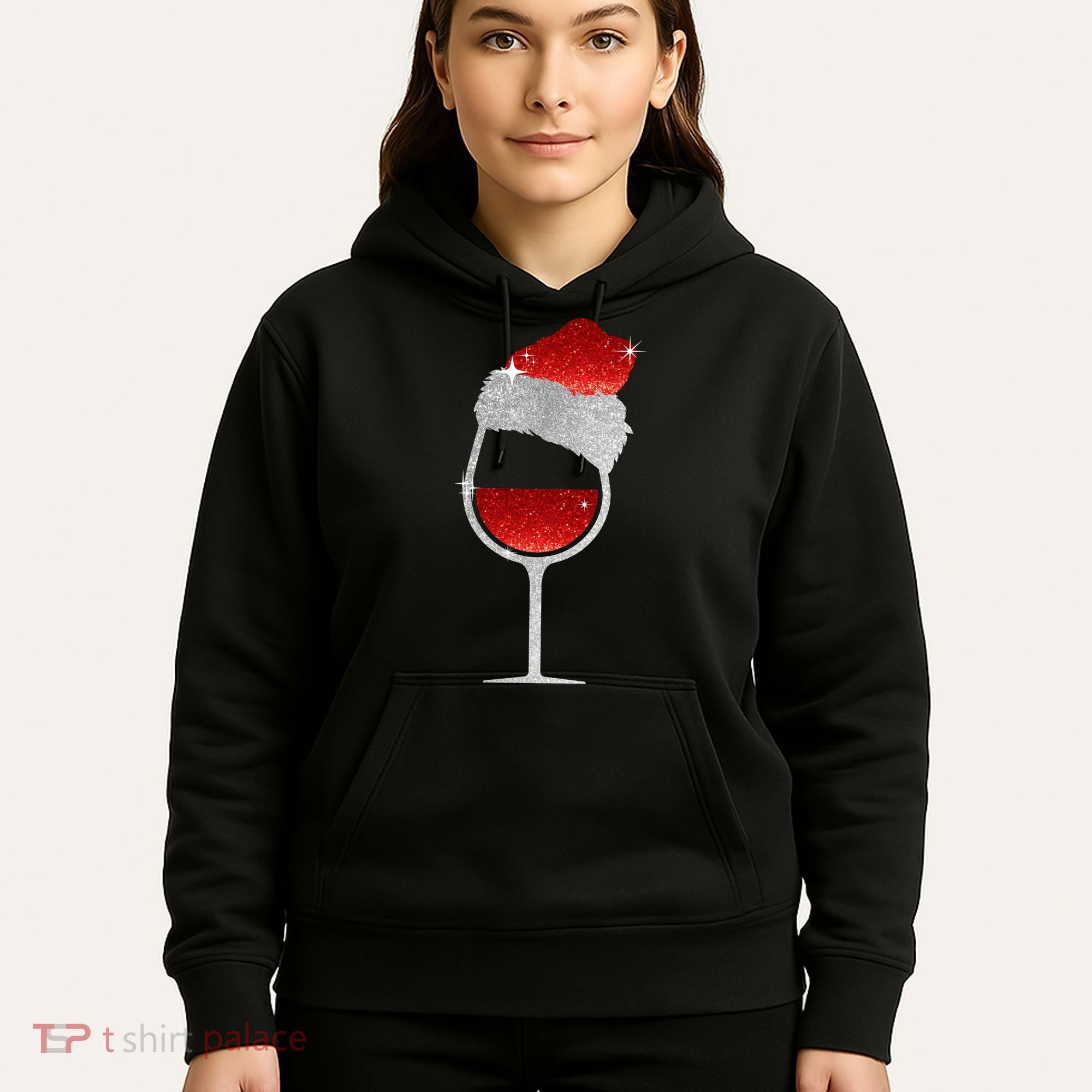 Santa Sparkly Wine Glass Hoodie