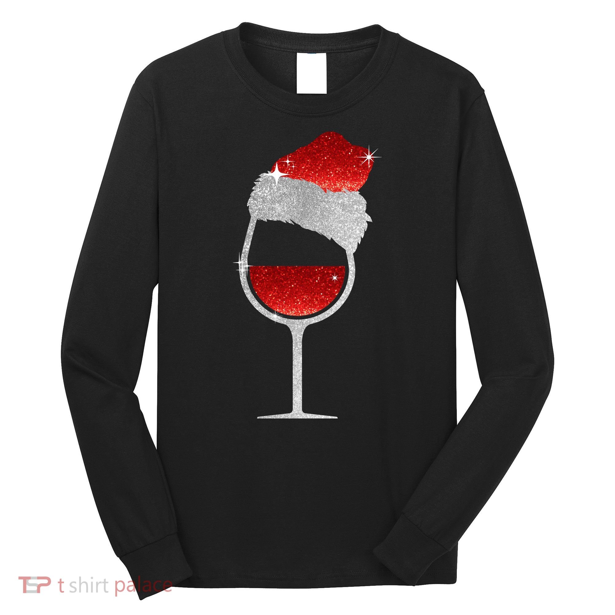 Santa Sparkly Wine Glass Long Sleeve Shirt