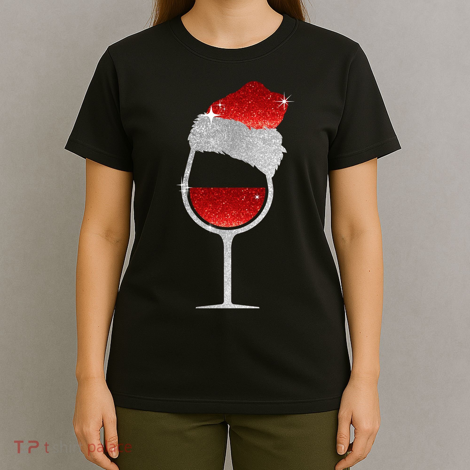 Santa Sparkly Wine Glass T-Shirt