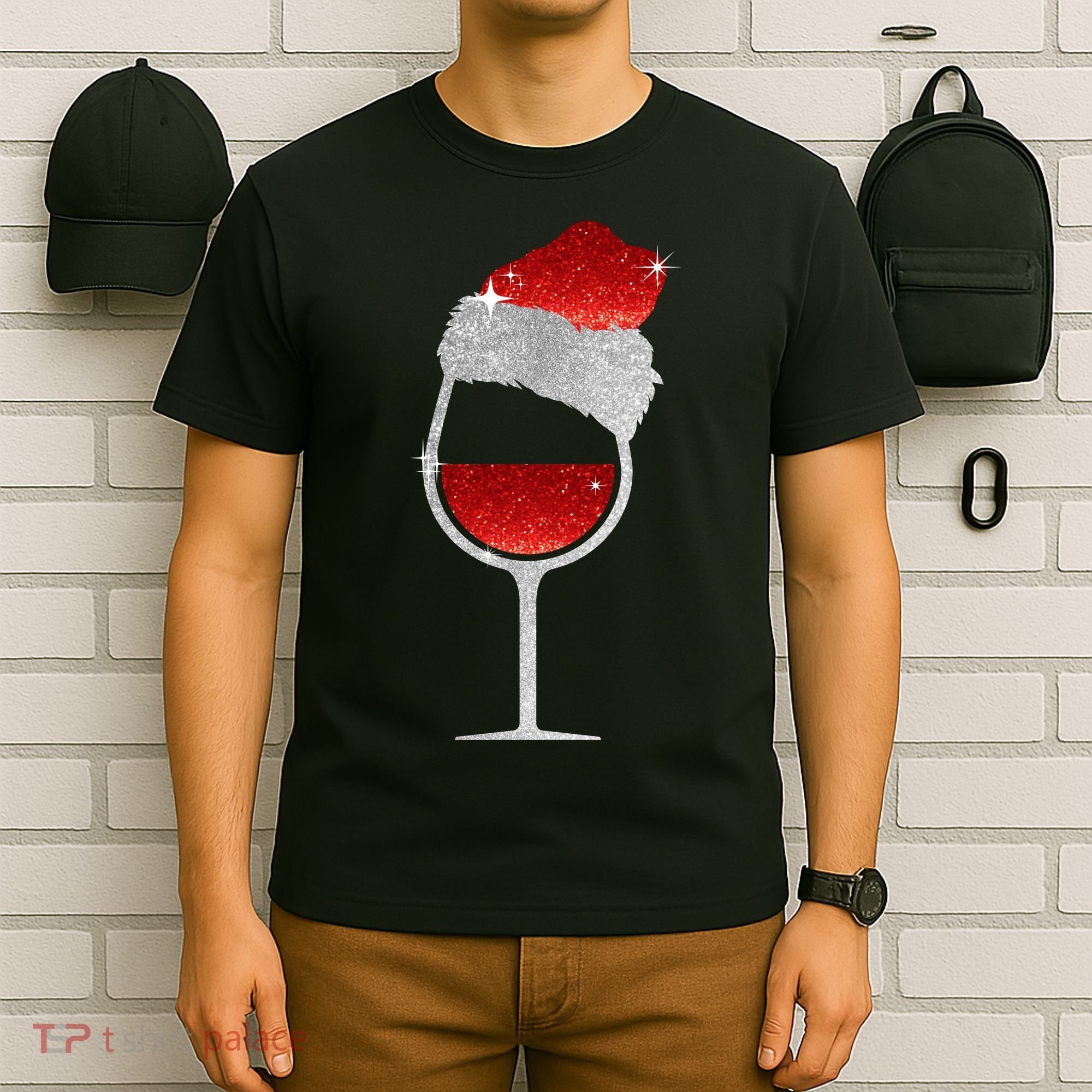 Santa Sparkly Wine Glass T-Shirt