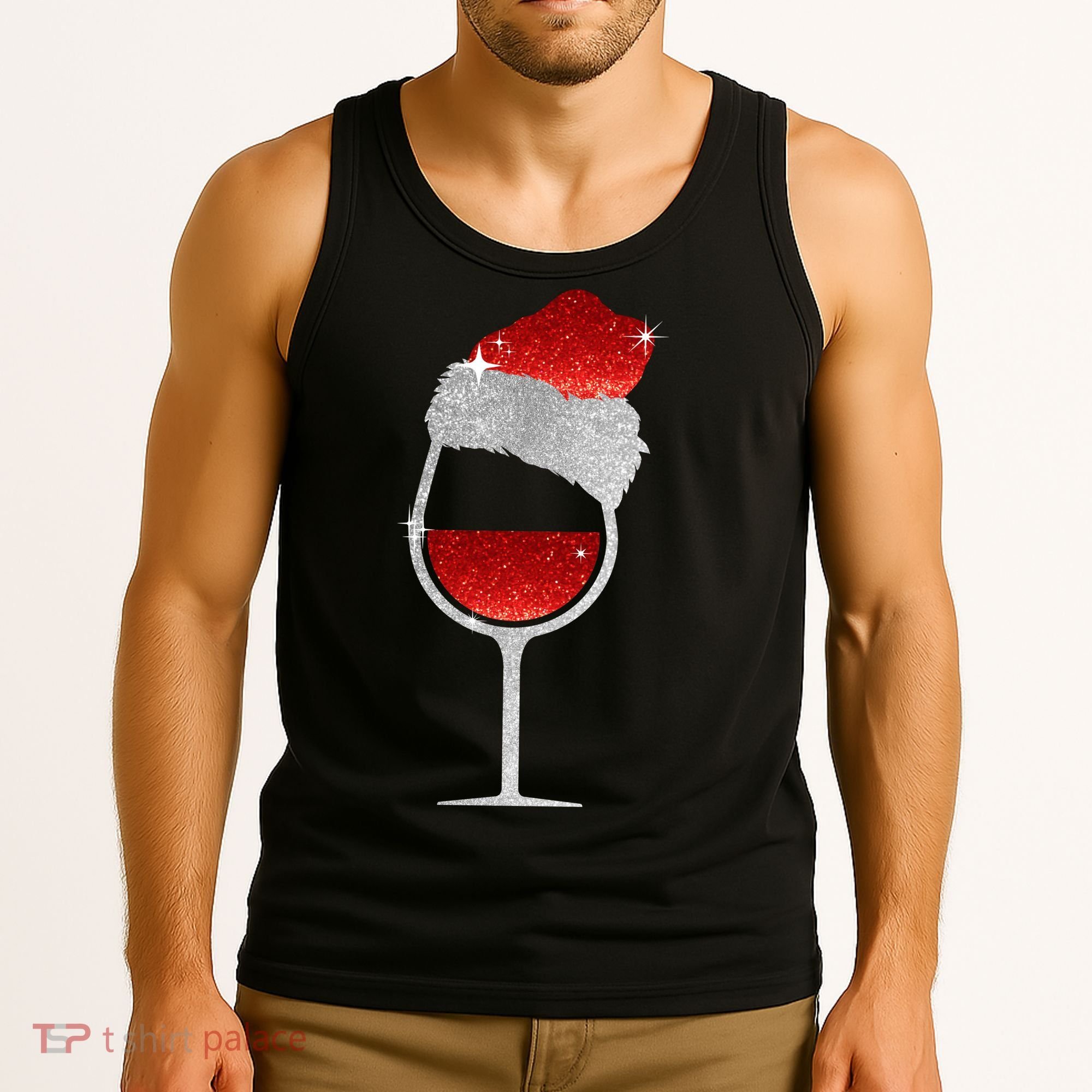 Santa Sparkly Wine Glass Tank Top
