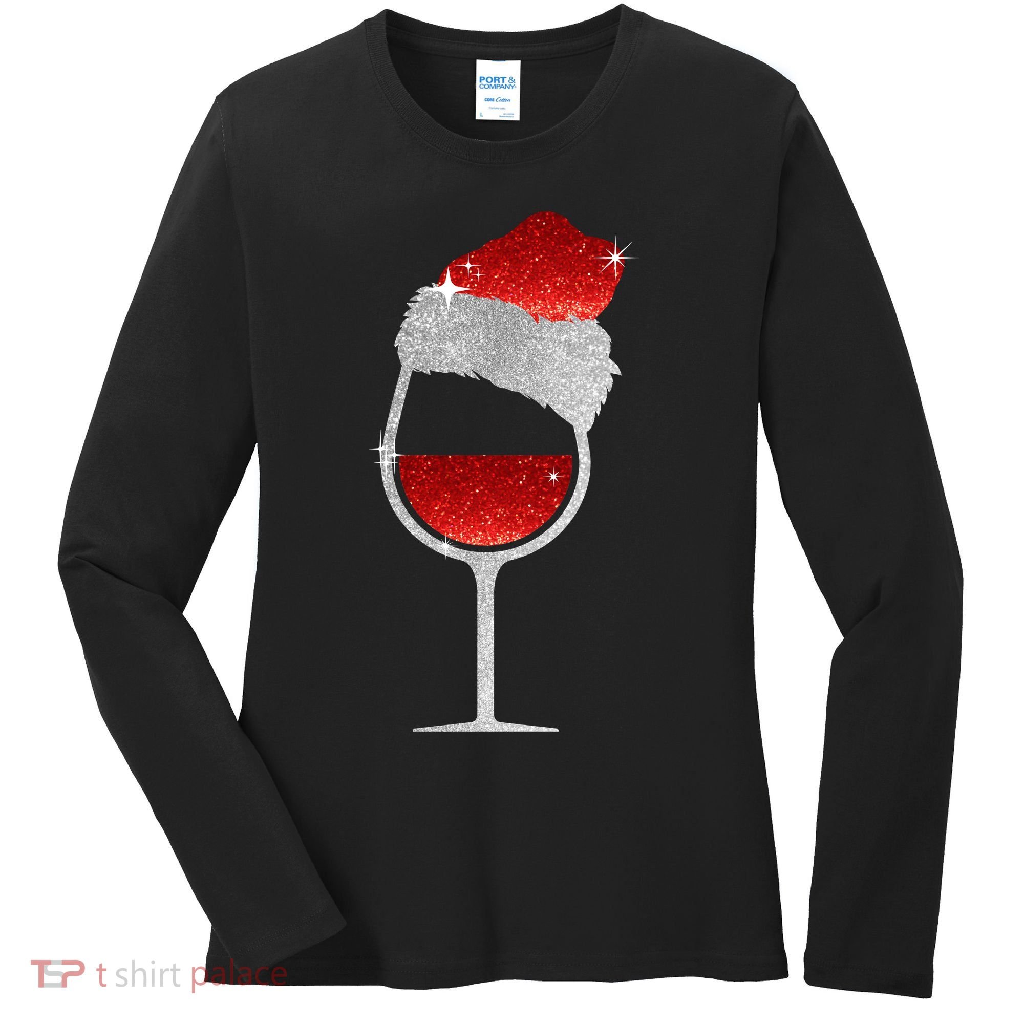 Santa Sparkly Wine Glass Women's Long Sleeve Shirt