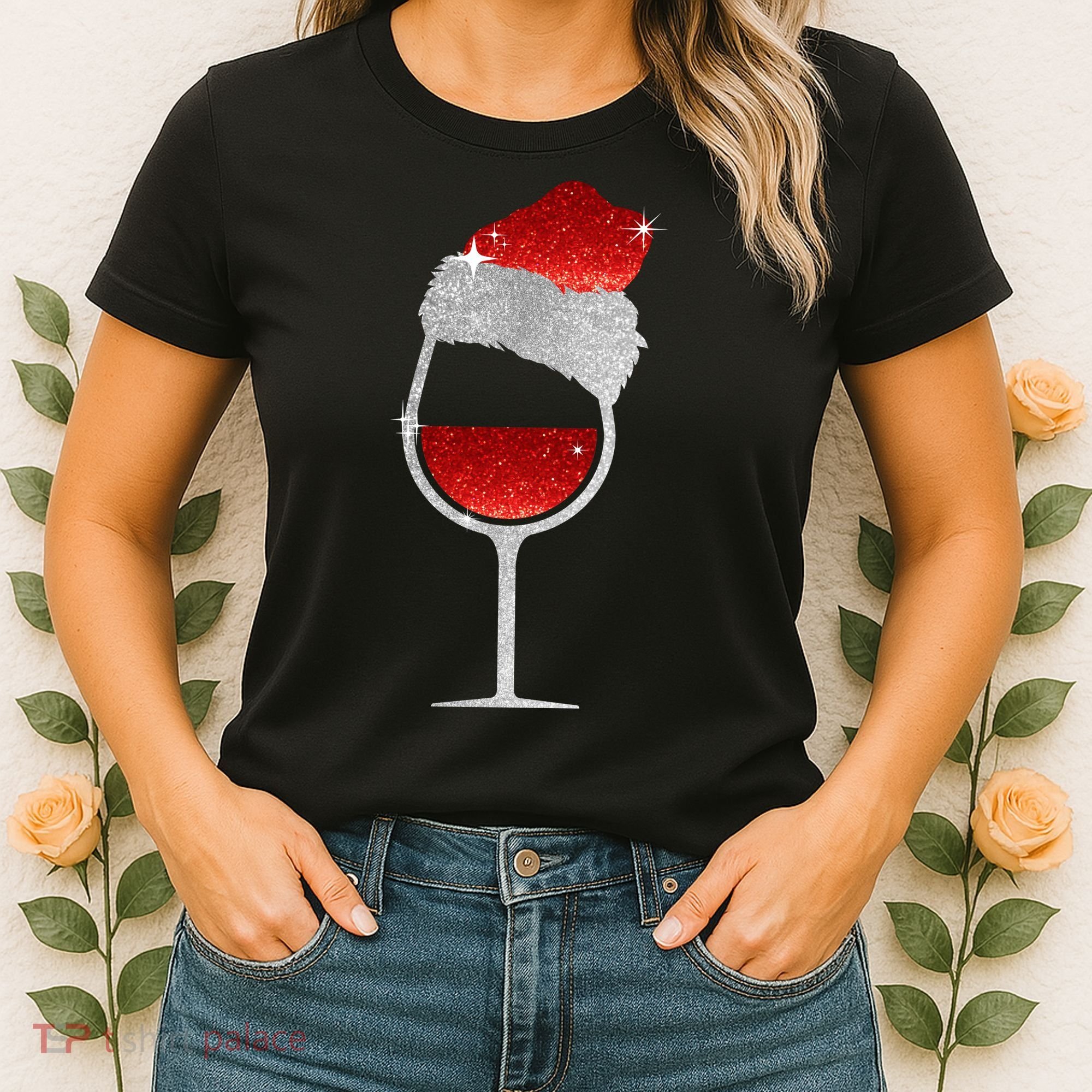 Santa Sparkly Wine Glass Women's T-Shirt