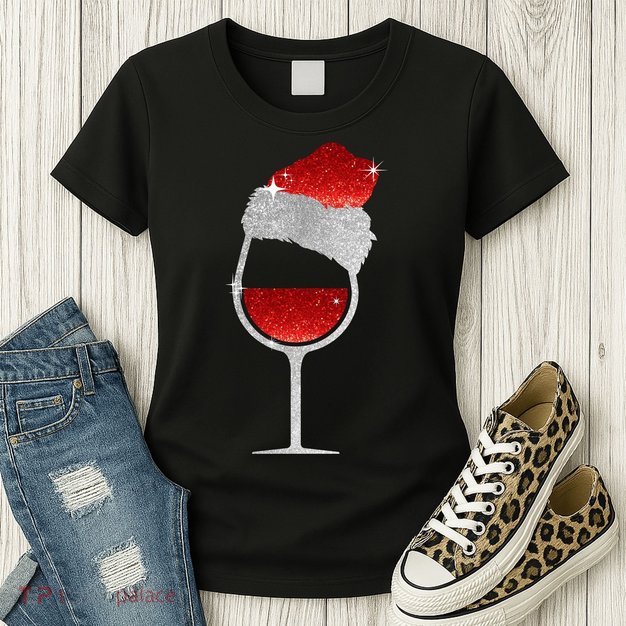 Santa Sparkly Wine Glass Women's T-Shirt