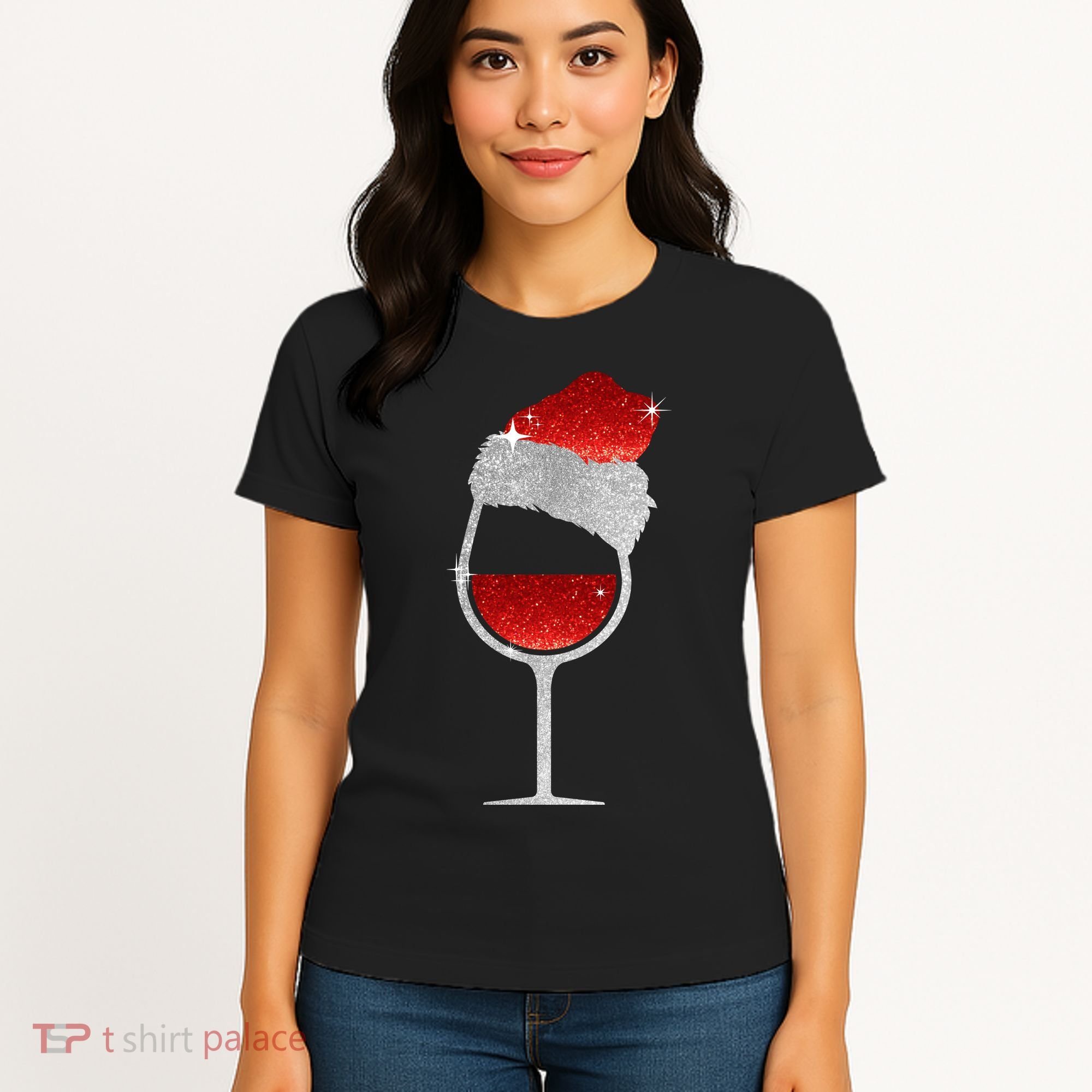 Santa Sparkly Wine Glass Women's T-Shirt