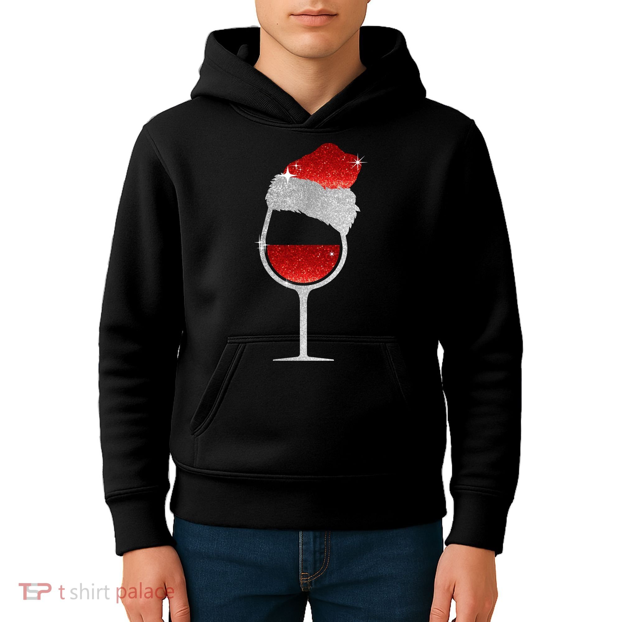 Santa Sparkly Wine Glass Kids Hoodie