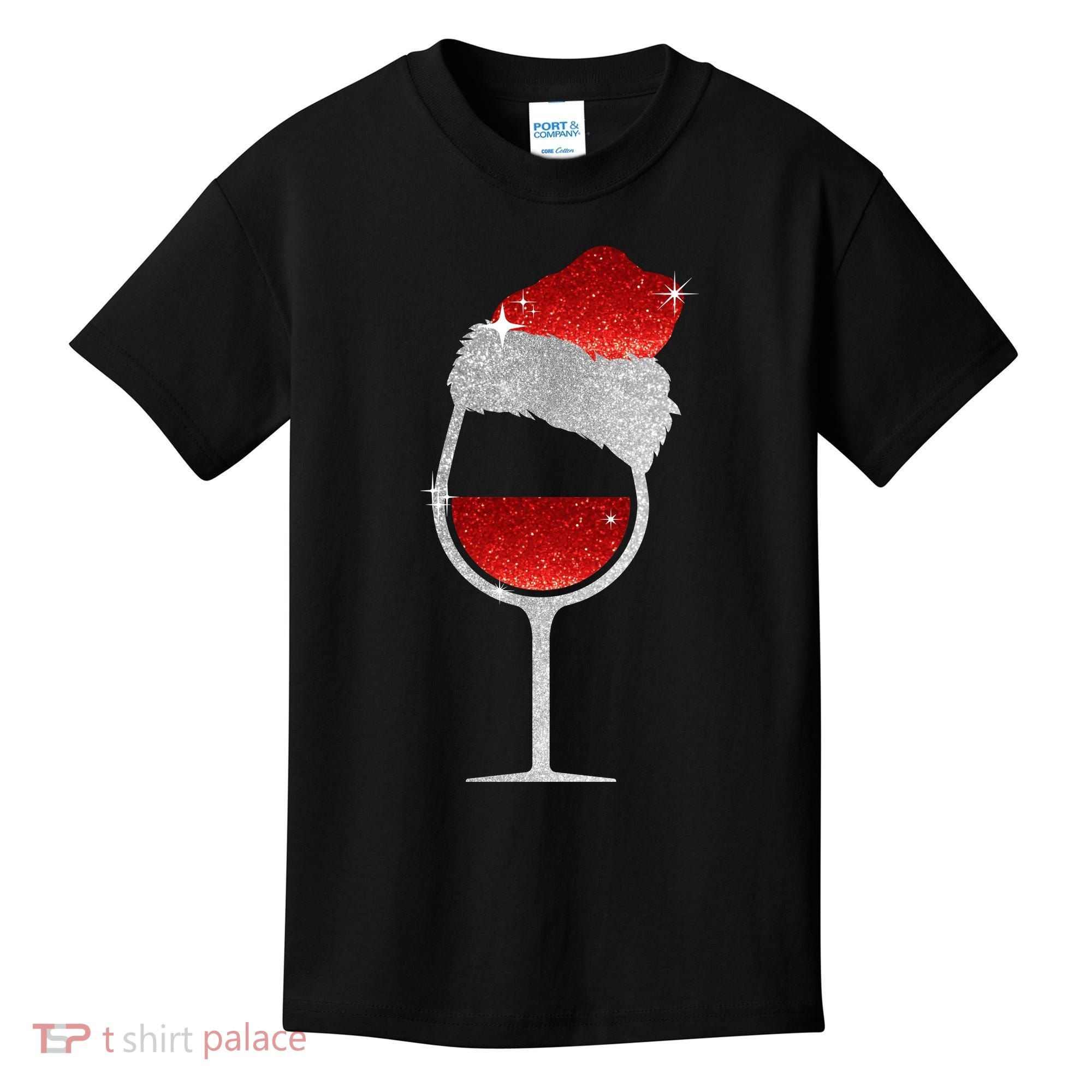 Santa Sparkly Wine Glass Kids T-Shirt