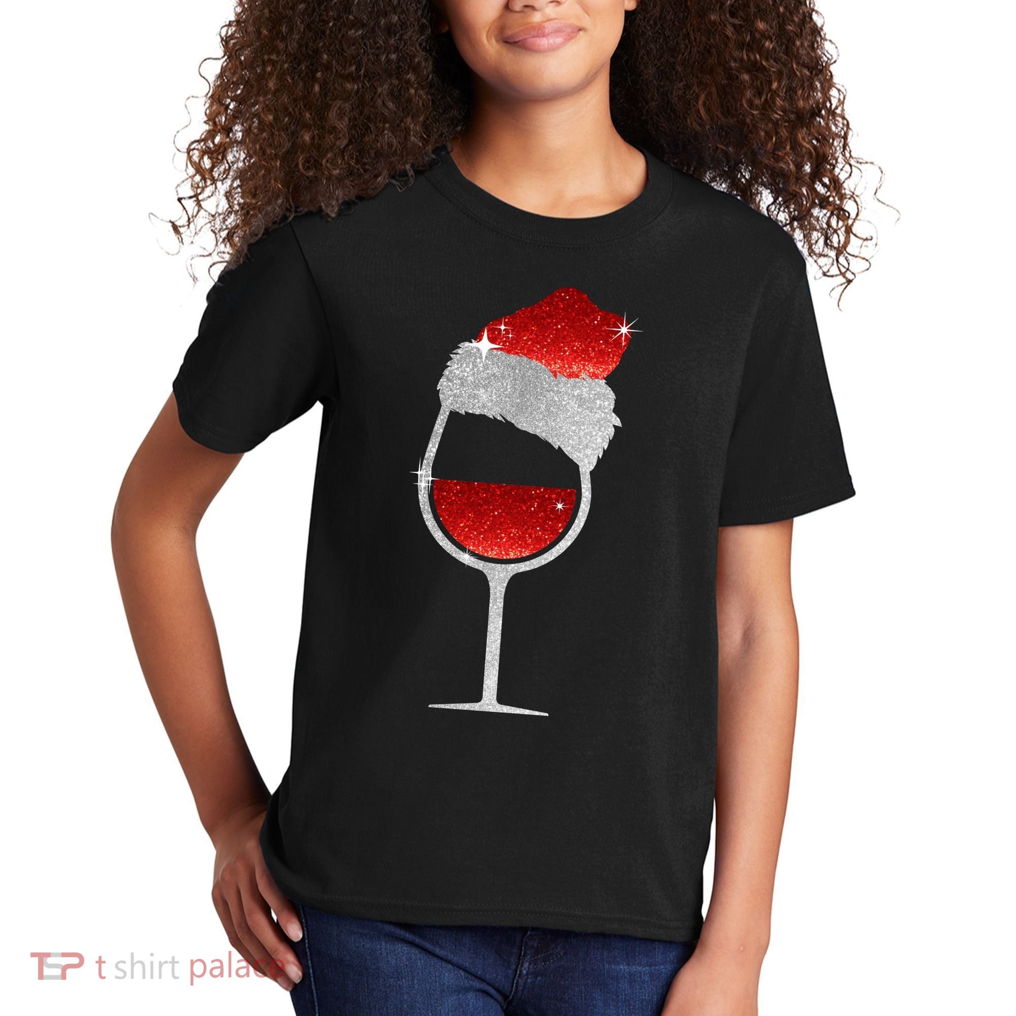 Santa Sparkly Wine Glass Kids T-Shirt