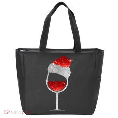 Santa Sparkly Wine Glass Tote Bag