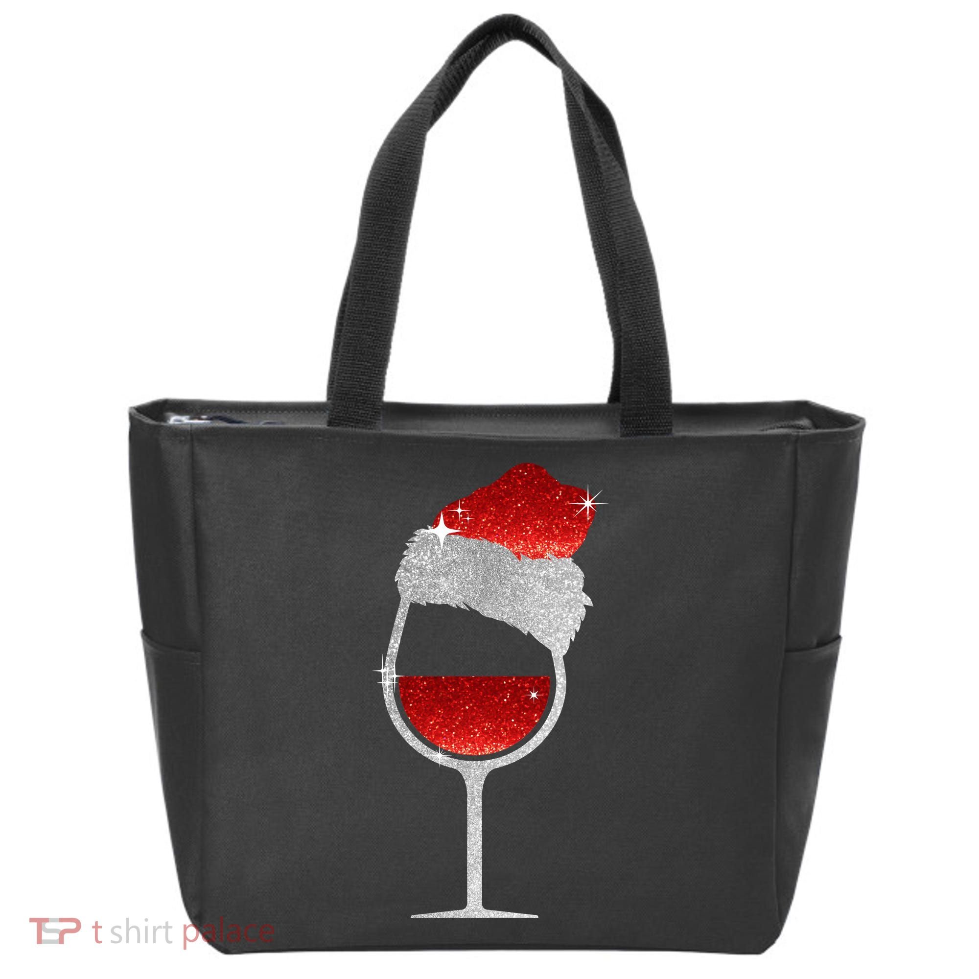 Santa Sparkly Wine Glass Tote Bag