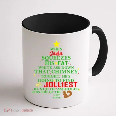 Santa Squeezes Down The Chimney Coffee Mug back