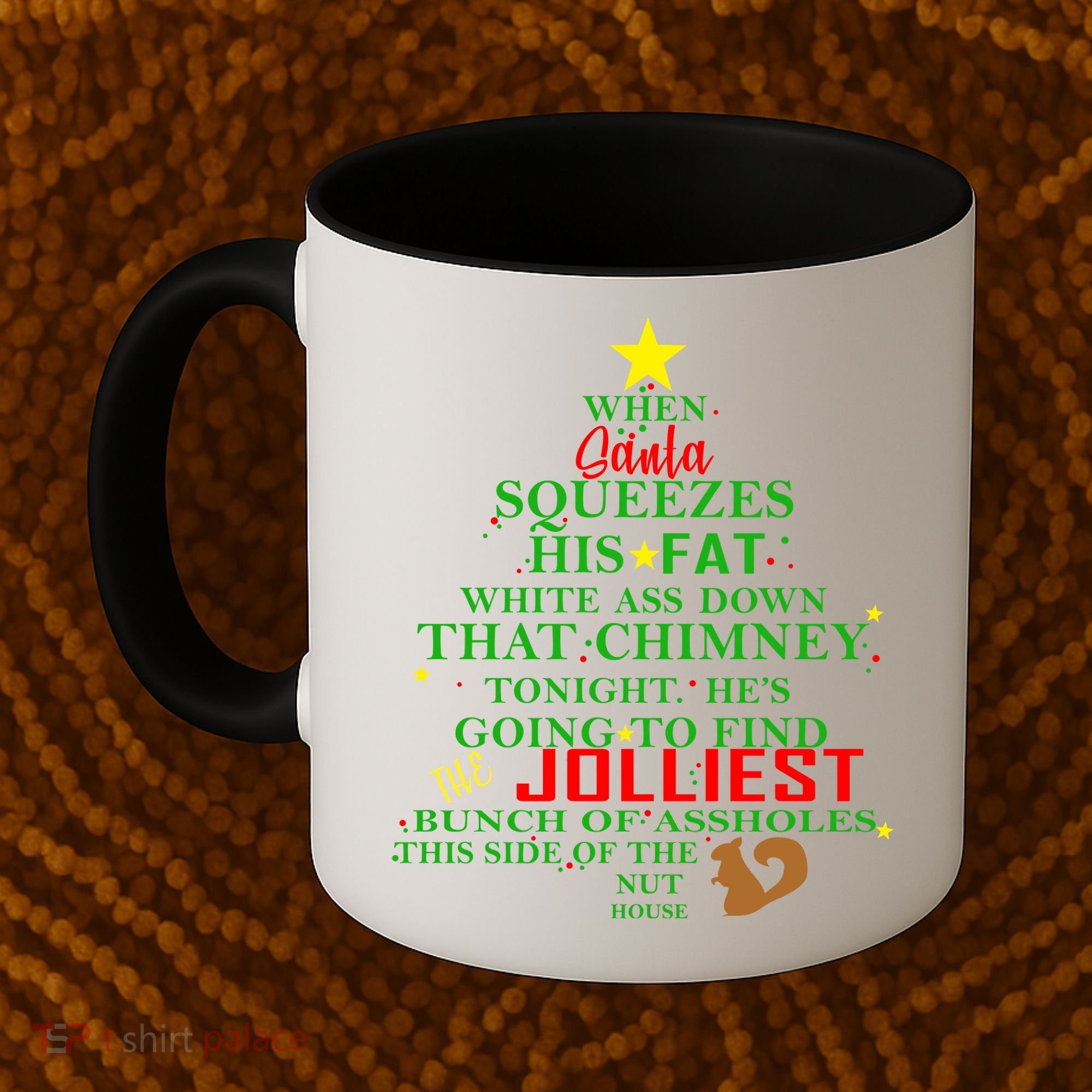 Santa Squeezes Down The Chimney Coffee Mug
