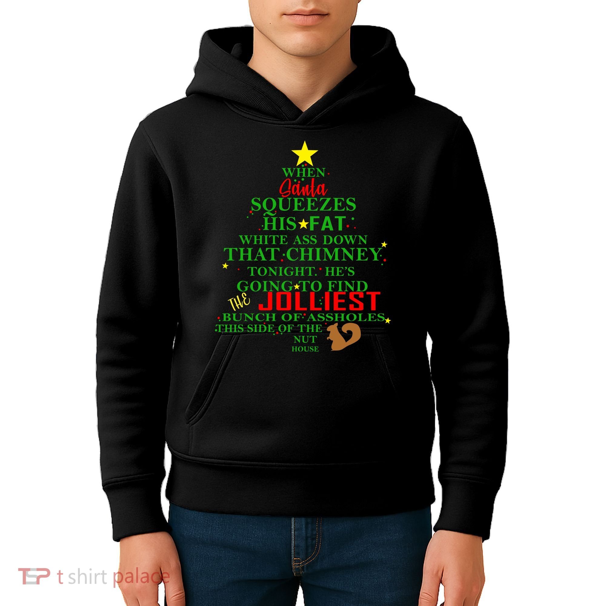 Santa Squeezes Down The Chimney Kids Hoodie
