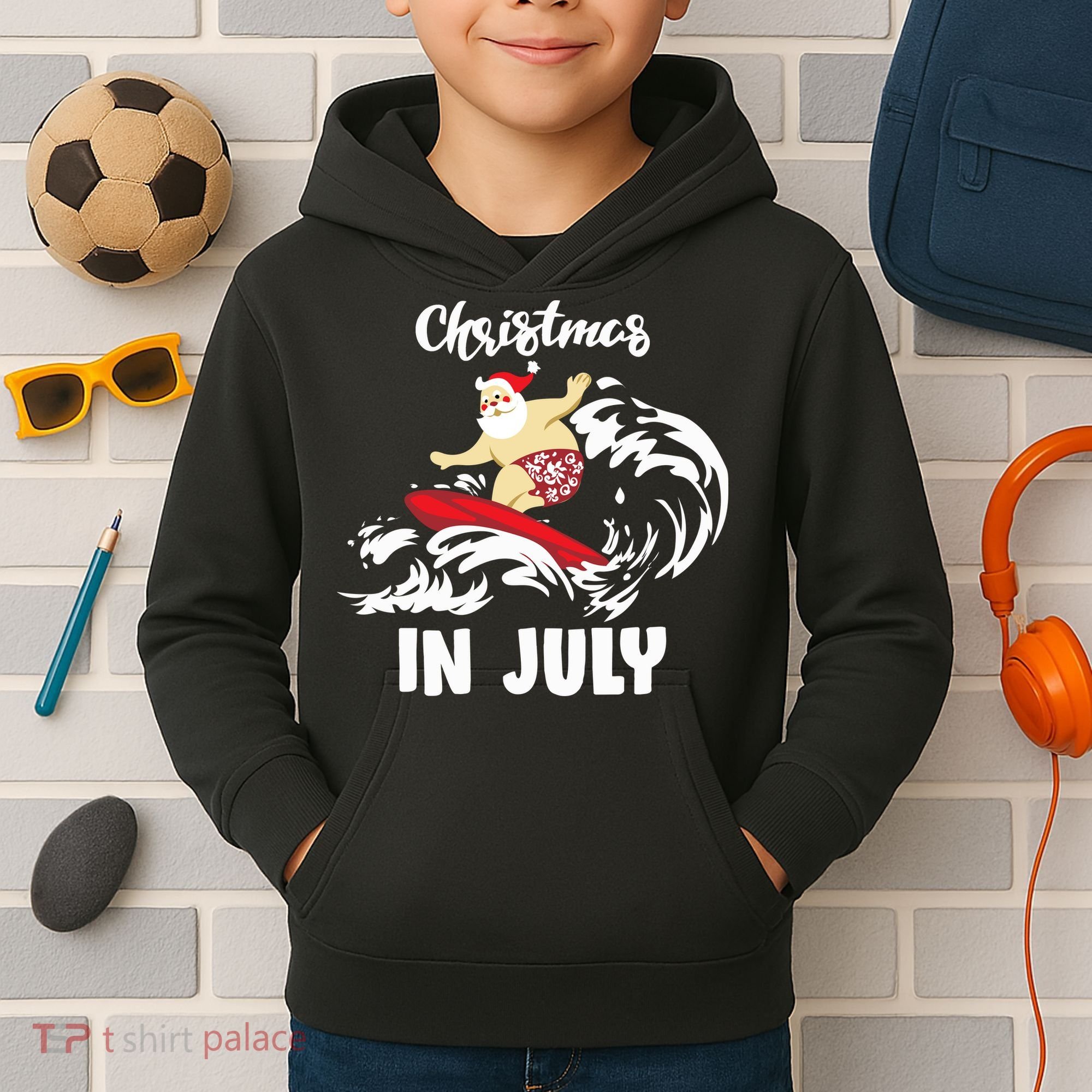 Santa Surfing Christmas In July Kids Hoodie