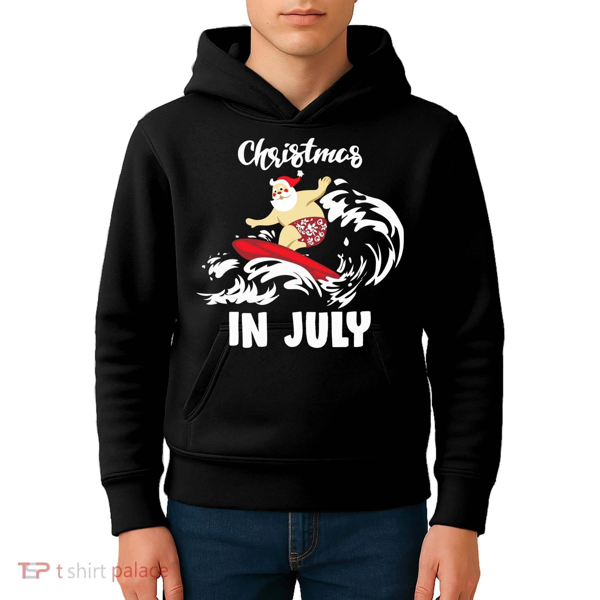 Santa Surfing Christmas In July Kids Hoodie