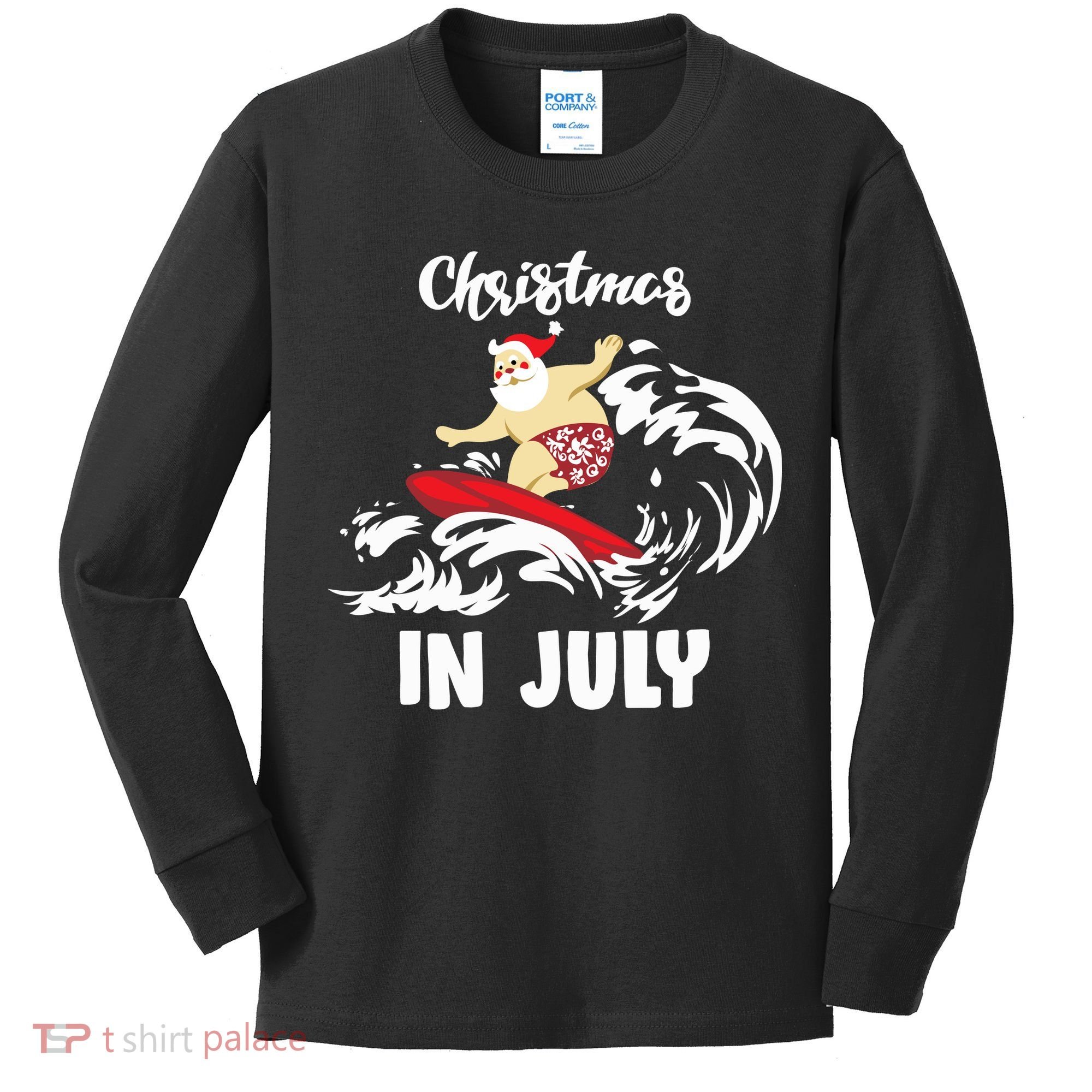 Santa Surfing Christmas In July Kids Long Sleeve Shirt