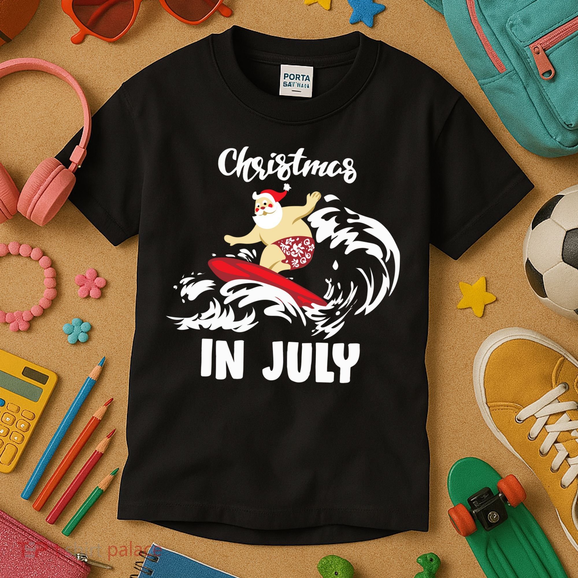 Santa Surfing Christmas In July Kids T-Shirt