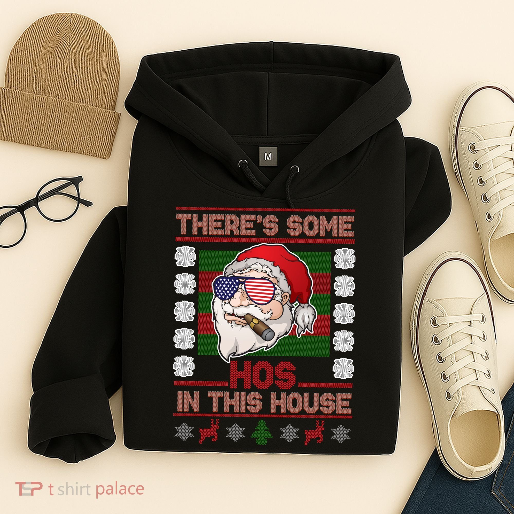 Santa There's Some Hos In This House Flag Ugly Christmas Sweater Hoodie