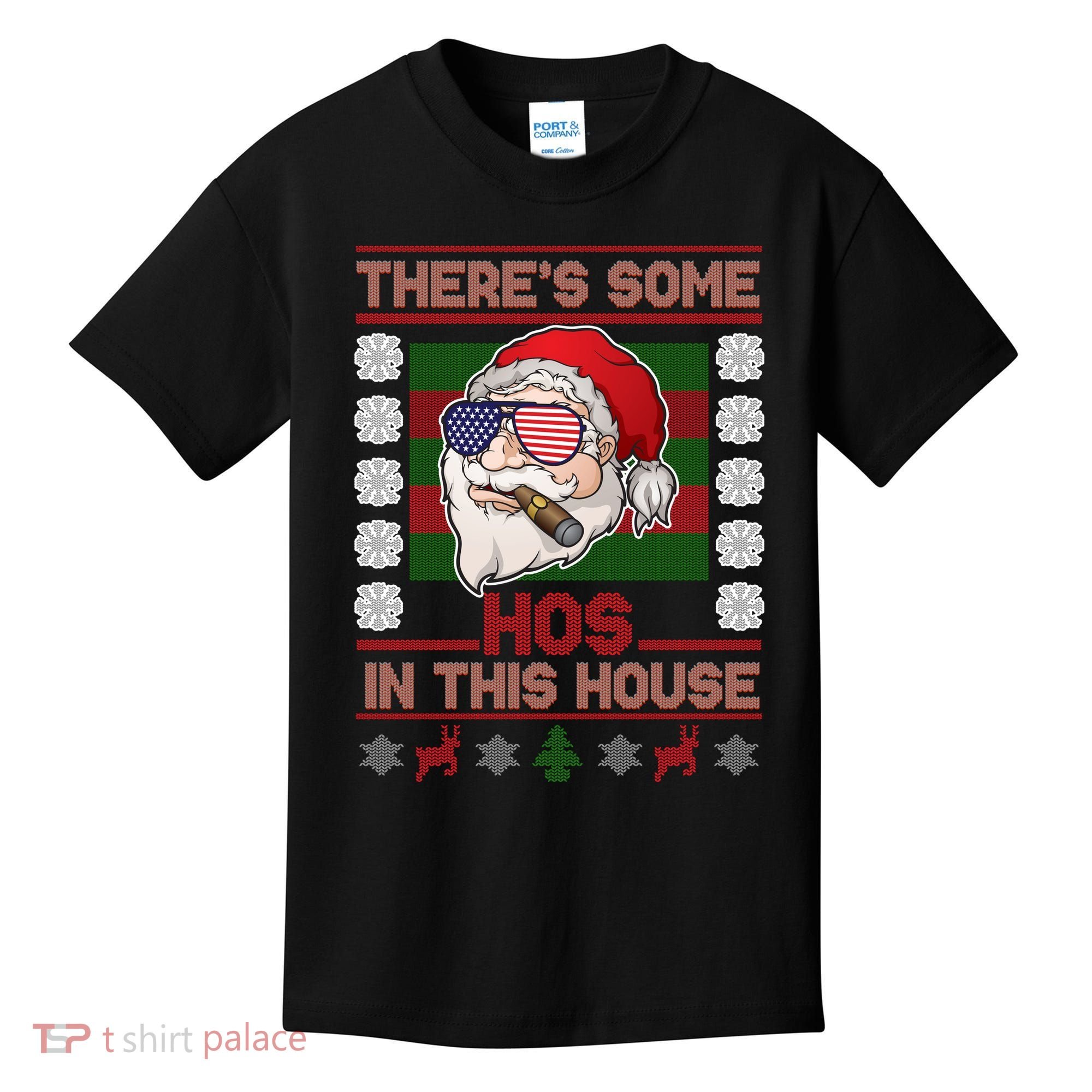 Santa There's Some Hos In This House Flag Ugly Christmas Sweater Kids T-Shirt