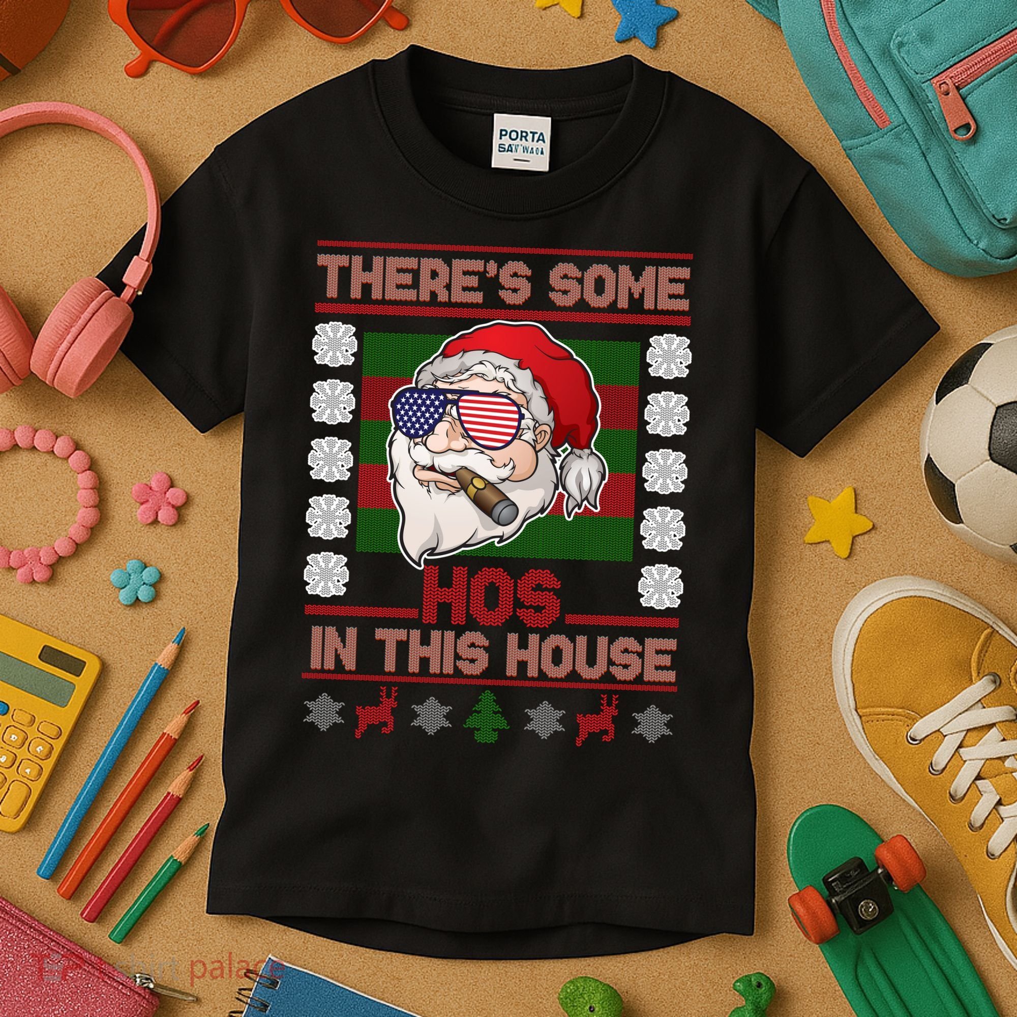 Santa There's Some Hos In This House Flag Ugly Christmas Sweater Kids T-Shirt