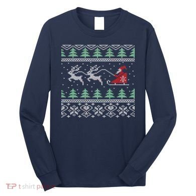 Santa's Retro Sleigh And Reindeer Ugly Christmas Sweater Long Sleeve Shirt