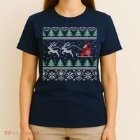 Santa's Retro Sleigh And Reindeer Ugly Christmas Sweater T-Shirt thumb 4