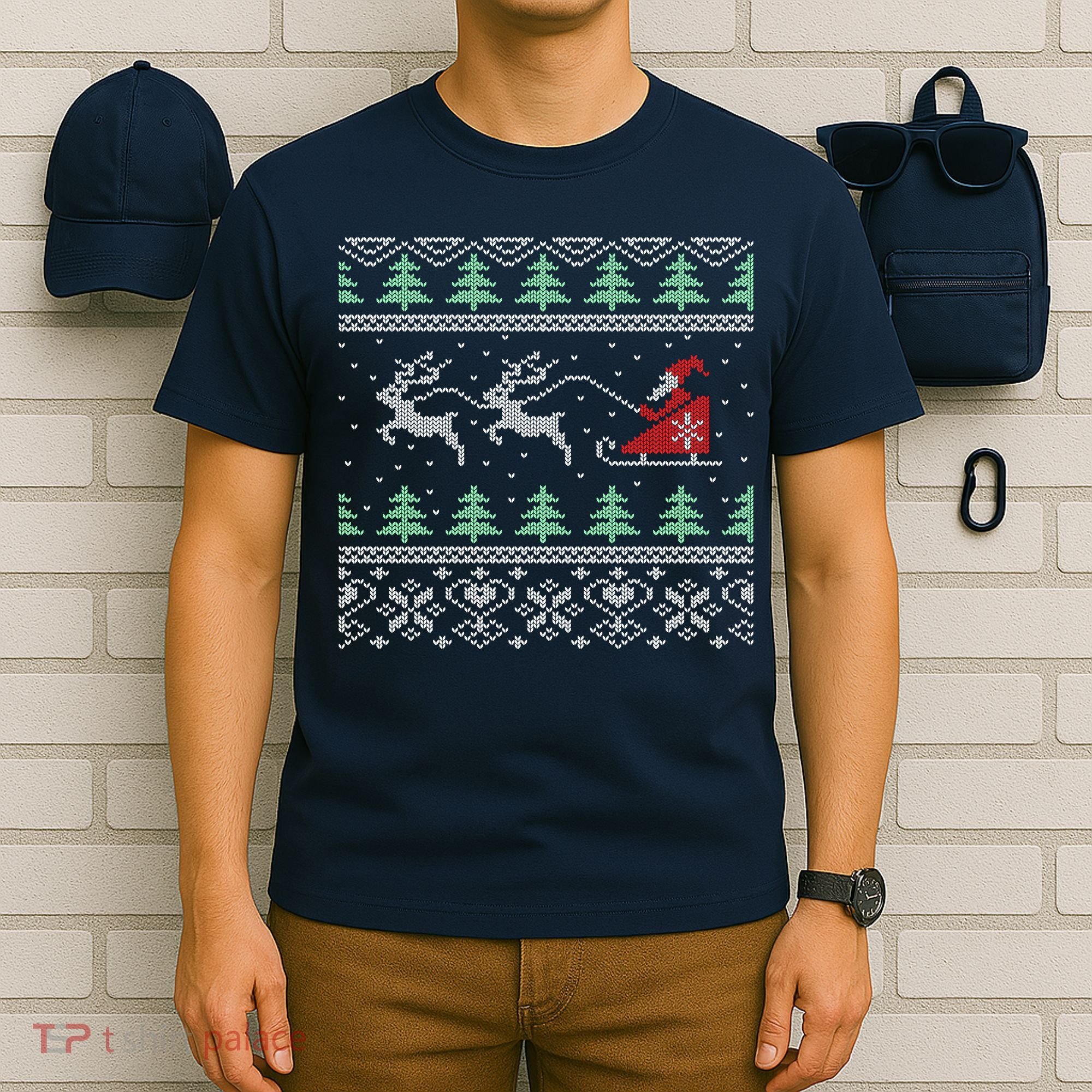 Santa's Retro Sleigh And Reindeer Ugly Christmas Sweater T-Shirt