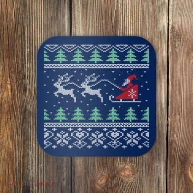 Santa's Retro Sleigh And Reindeer Ugly Christmas Sweater Coaster