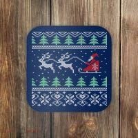 Santa's Retro Sleigh And Reindeer Ugly Christmas Sweater Coaster thumb 0