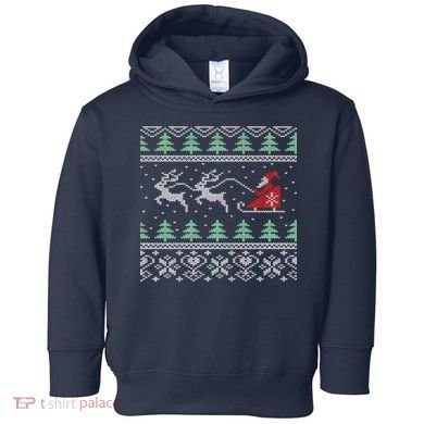 Santa's Retro Sleigh And Reindeer Ugly Christmas Sweater Toddler Hoodie