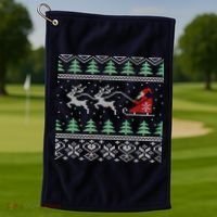 Santa's Retro Sleigh And Reindeer Ugly Christmas Sweater Golf Towel thumb 1