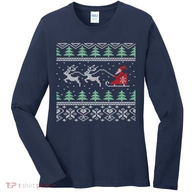 Santa's Retro Sleigh And Reindeer Ugly Christmas Sweater Women's Long Sleeve Shirt