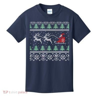 Santa's Retro Sleigh And Reindeer Ugly Christmas Sweater Kids T-Shirt