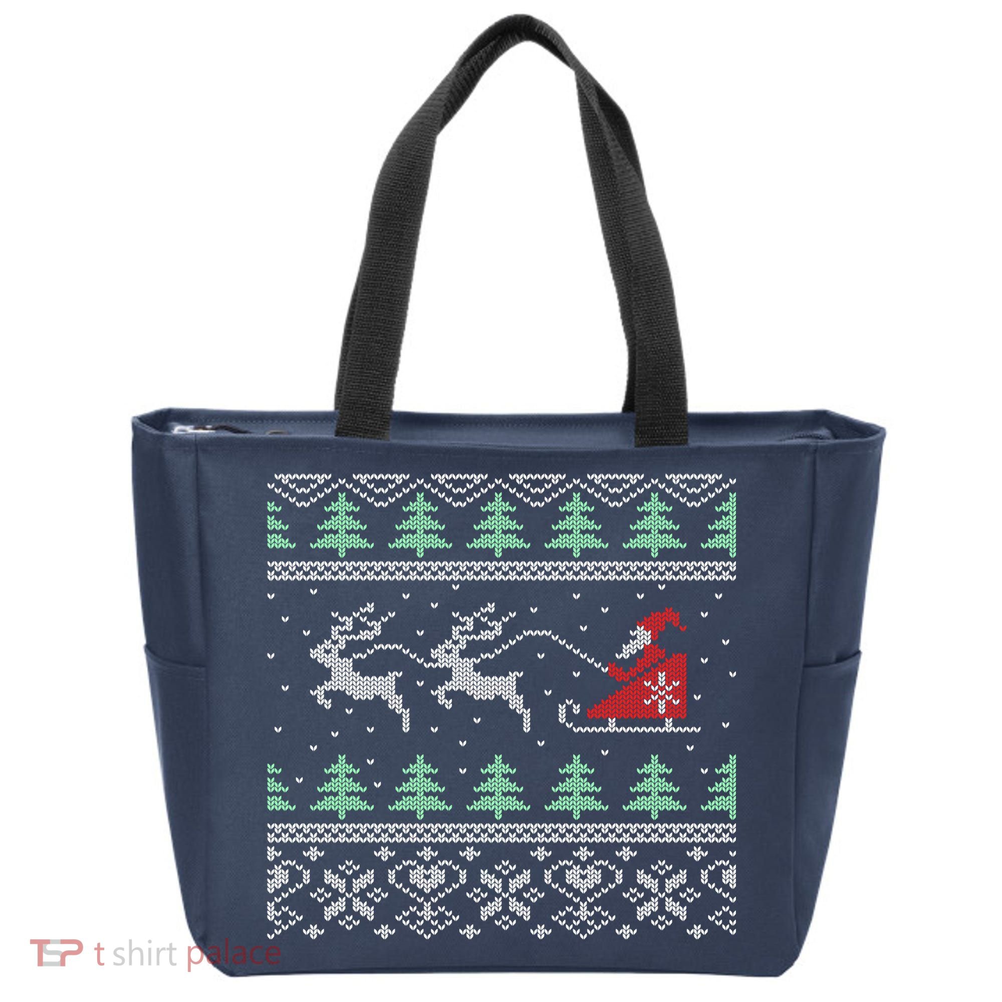Santa's Retro Sleigh And Reindeer Ugly Christmas Sweater Tote Bag