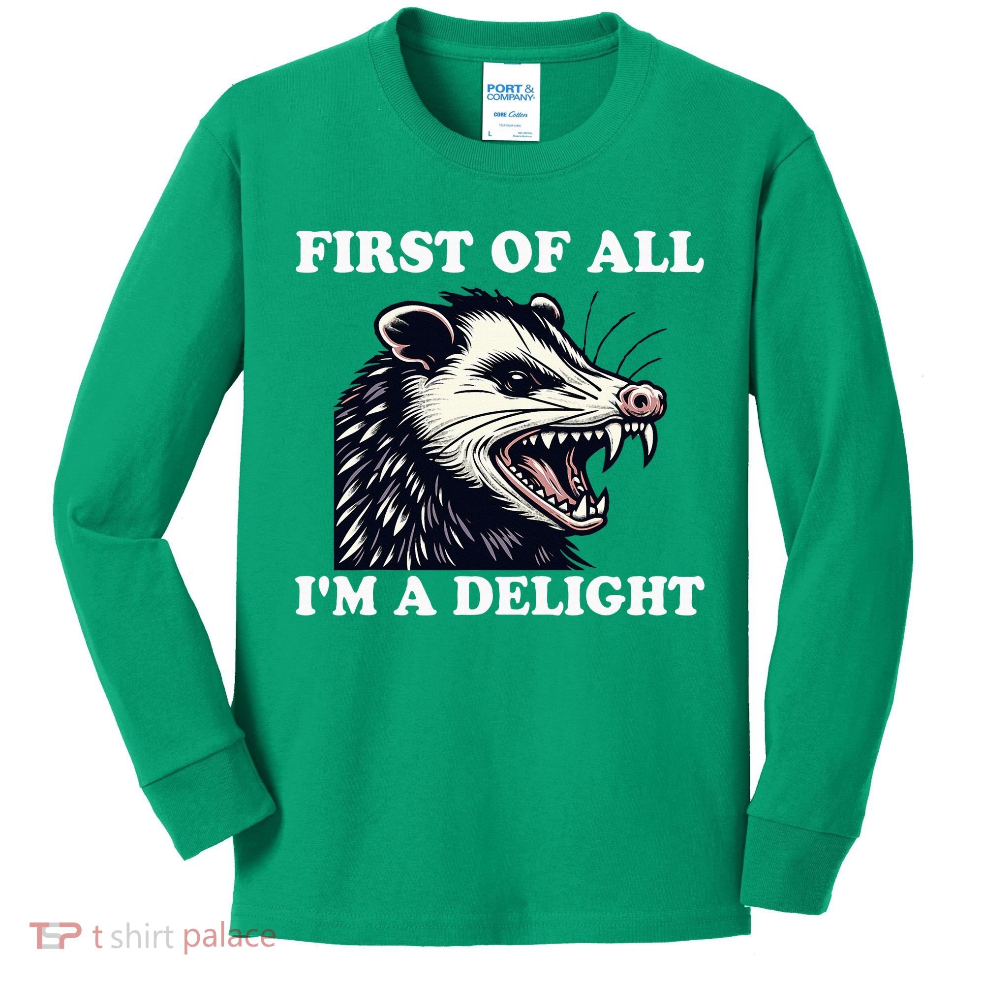 Sarcastic Angry Opossum Lover First Of All IM A Delight Kids Long Sleeve Shirt