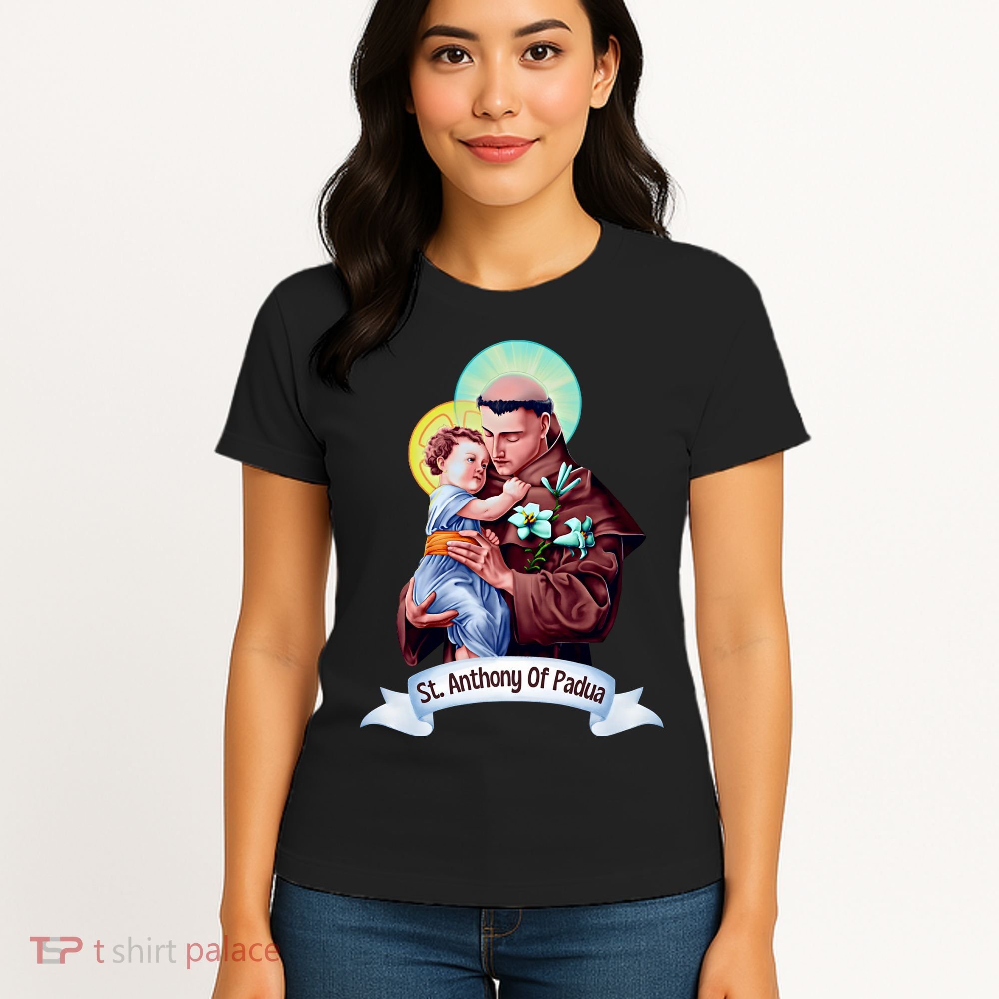 St Anthony Of Padua Holding Jesus Catholic Saint St Anthony Women's T-Shirt