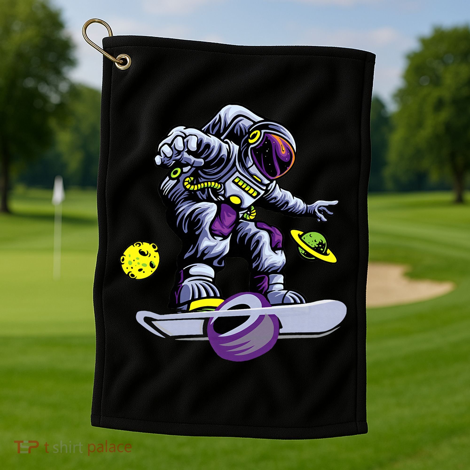Skating astronaut on onewheel skateboard Golf Towel