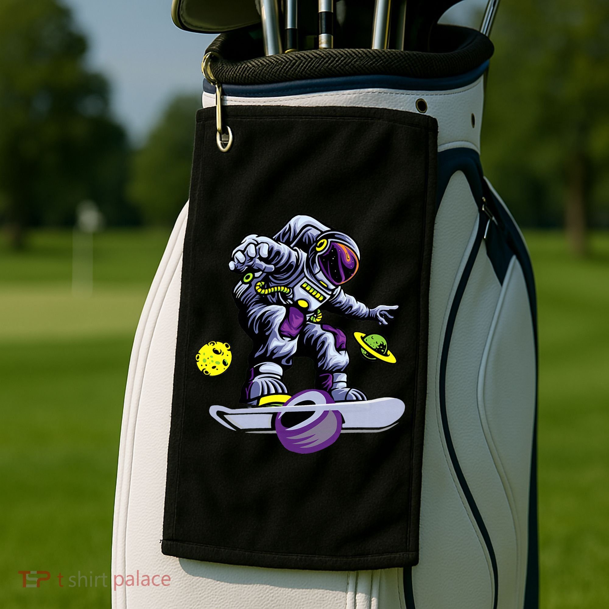 Skating astronaut on onewheel skateboard Golf Towel