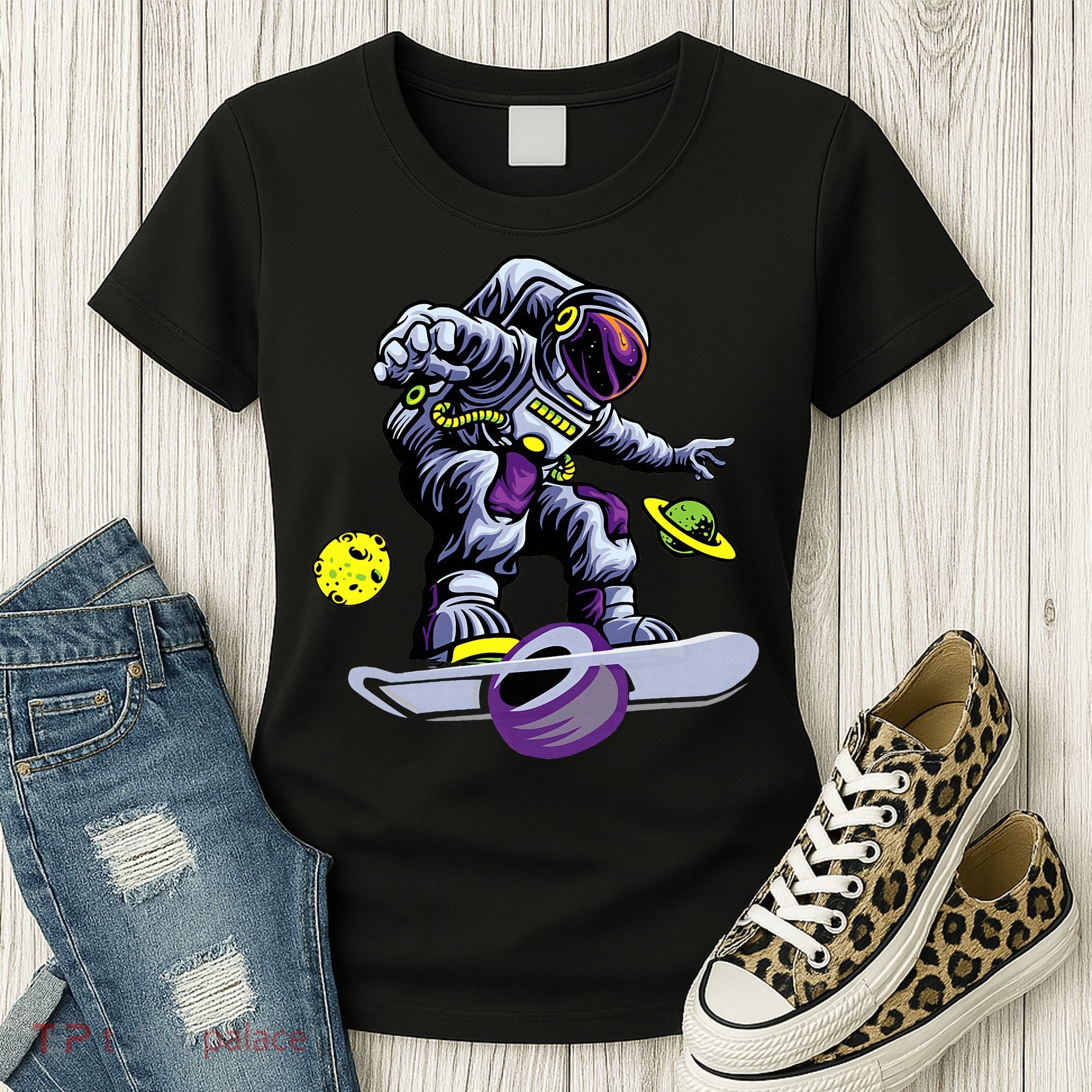 Skating astronaut on onewheel skateboard Women's T-Shirt