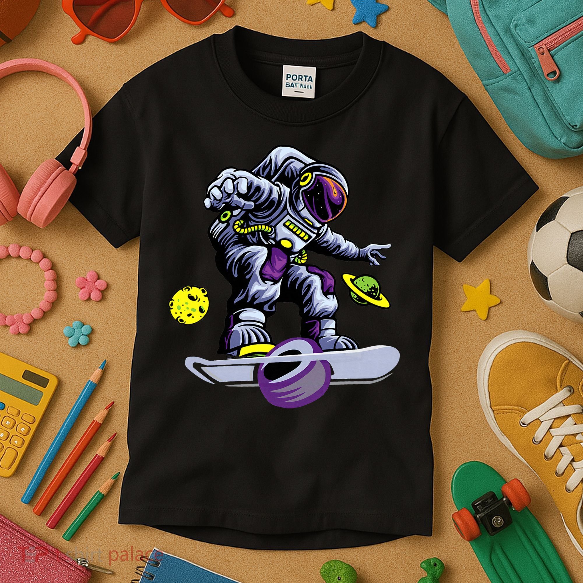 Skating astronaut on onewheel skateboard Kids T-Shirt