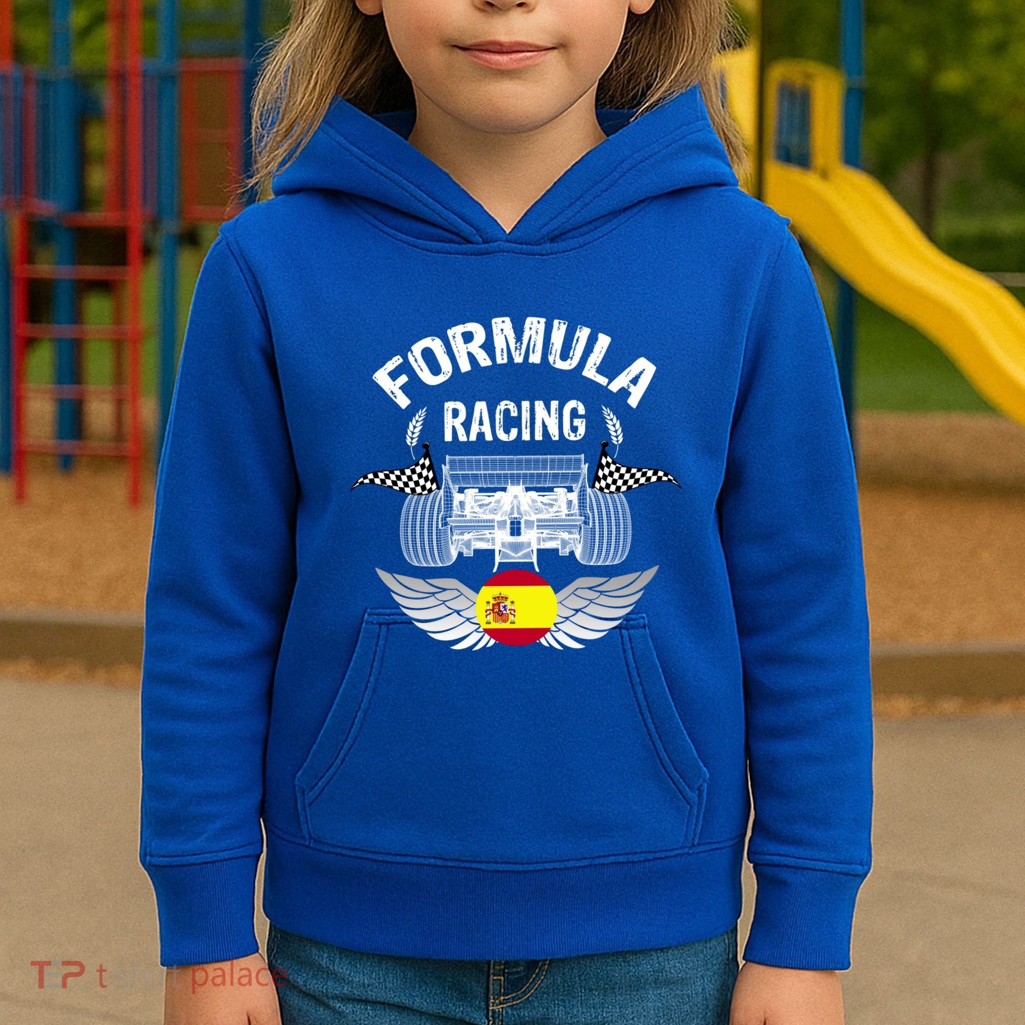Spanish Auto Race Spain Flag Formula Racing Car Blueprint Gift Kids Hoodie