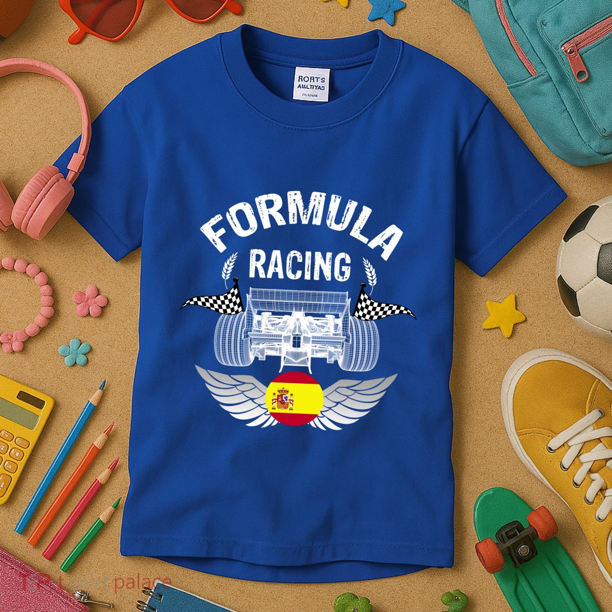 Spanish Auto Race Spain Flag Formula Racing Car Blueprint Gift Kids T-Shirt