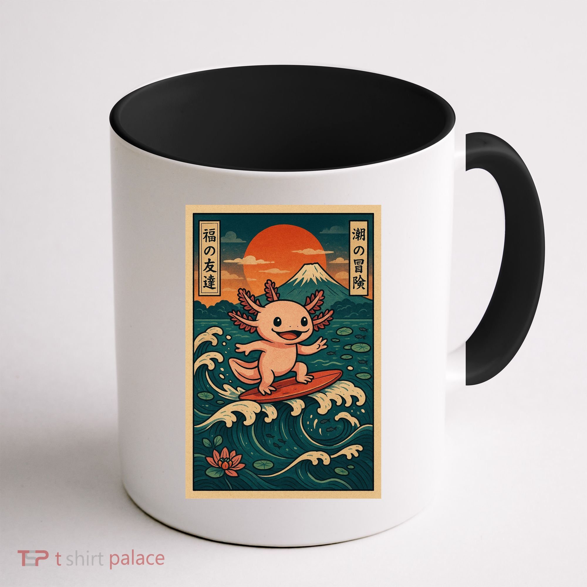 Surfing Axolotl Retro Japanese Kawaii Wave Adventure Ukiyo-e Coffee Mug