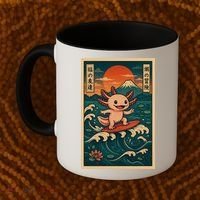 Surfing Axolotl Retro Japanese Kawaii Wave Adventure Ukiyo-e Coffee Mug thumb 2