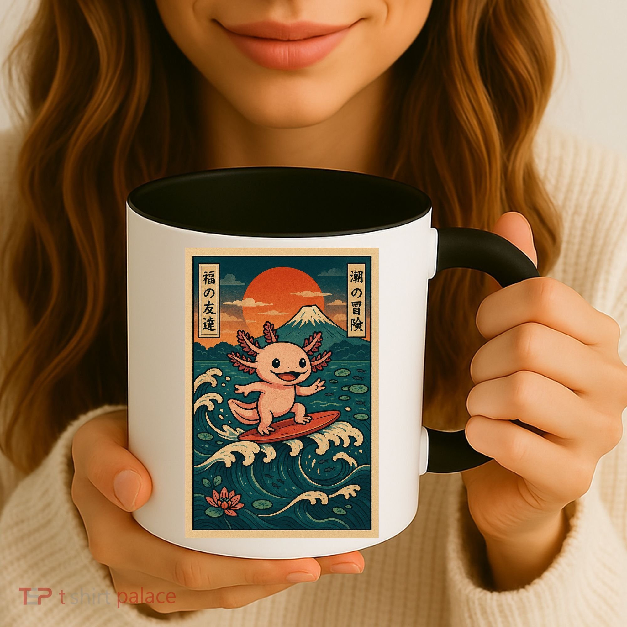Surfing Axolotl Retro Japanese Kawaii Wave Adventure Ukiyo-e Coffee Mug