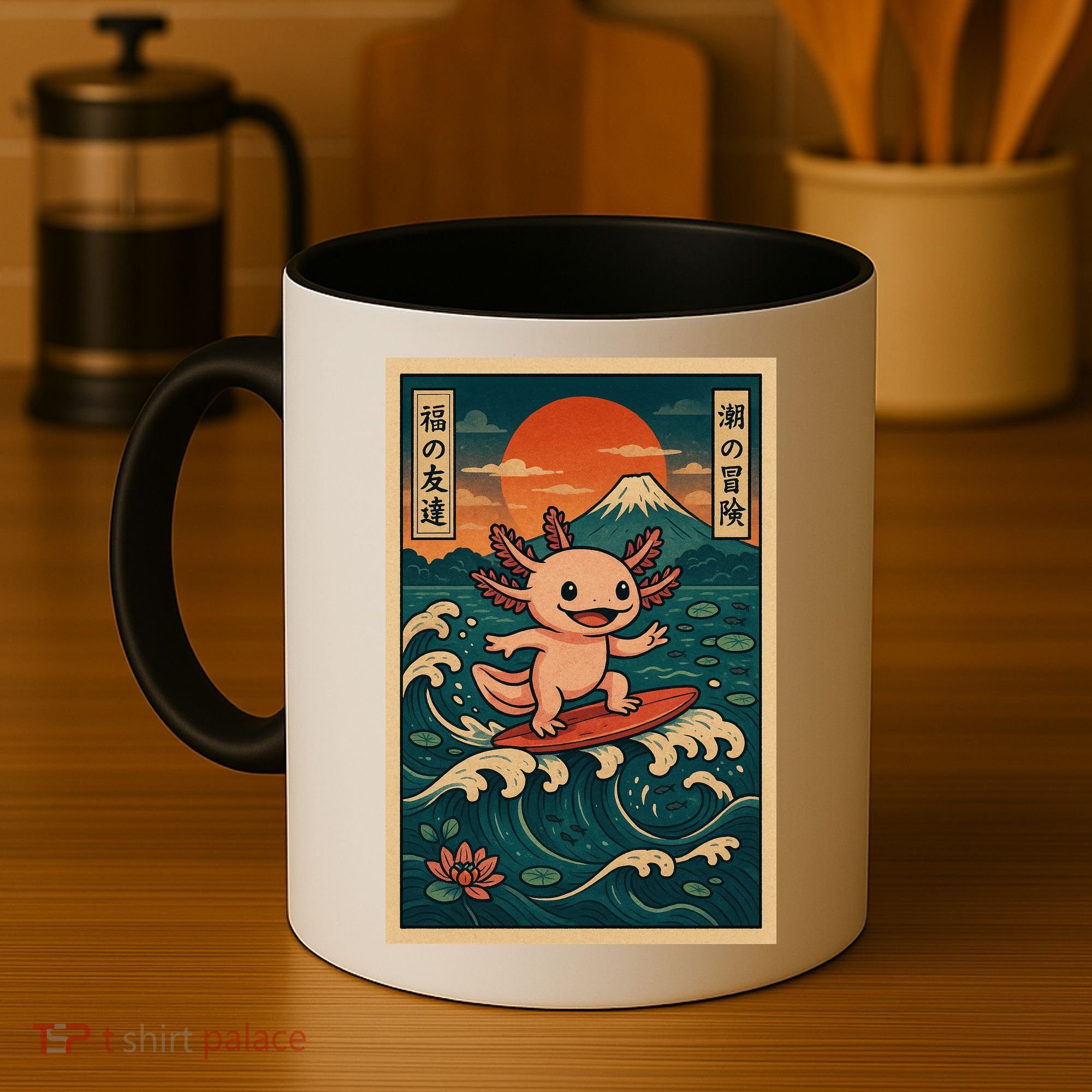 Surfing Axolotl Retro Japanese Kawaii Wave Adventure Ukiyo-e Coffee Mug